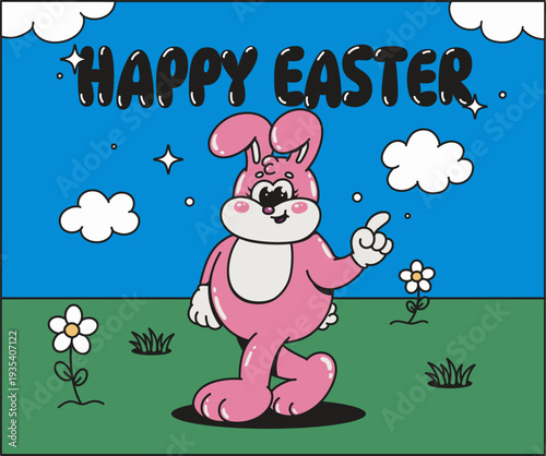 Easter pink bunny and Easter eggs in a trendy retro groovy style. Easter bunny muzzles in trendy retro 60s 70s cartoon style.
