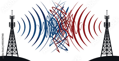 Flat vector illustration of communication towers emitting electromagnetic waves, signal interference, telecommunication chaos, radio frequency overlap, technology disruption concept