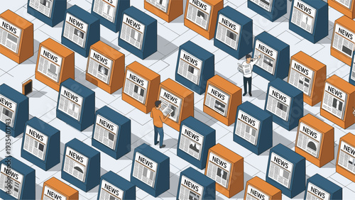 People standing in a field of newspaper stands representing massive information overload and news consumption.