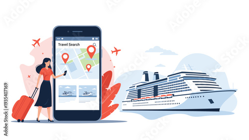 Woman with suitcase using travel search app on smartphone near giant cruise ship during her vacation planning.