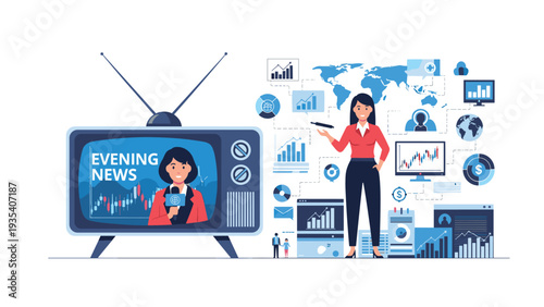 News anchor on television screen with reporter presenting global financial and economic data analysis on world map.