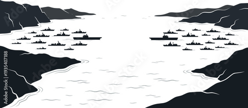 Flat vector illustration of strategic naval warships positioned in bay with mountainous coastline, military blockade formation silhouette design