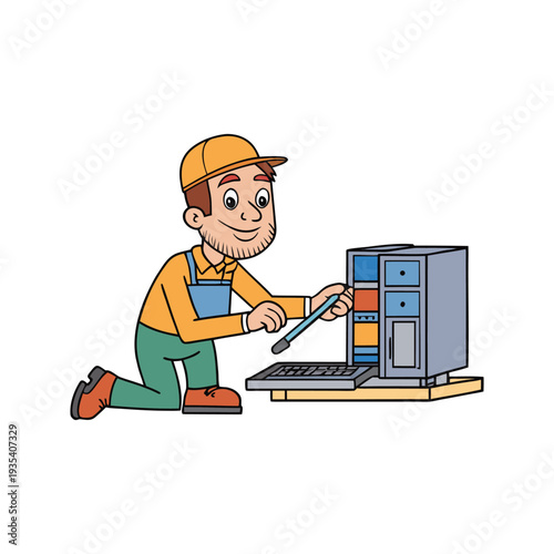 Happy father fixing computer with tools, Father's Day concept, technology repair