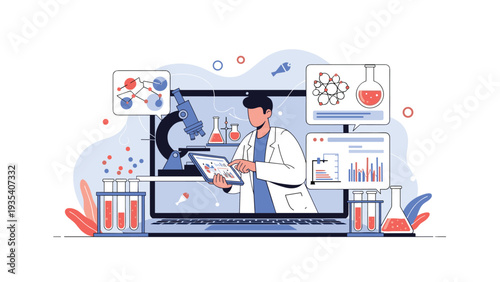 Scientist presenting laboratory research data on giant laptop screen with test tubes and microscope icons.