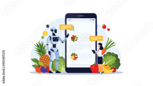 Robot and woman using smartphone app for healthy diet and nutrition tracking surrounded by fresh vegetables.