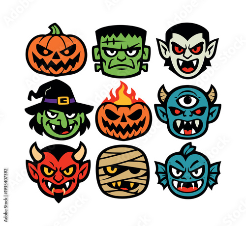 Collection of creepy cartoon monster faces for Halloween party decorations, avatar profiles, and festive vector icons