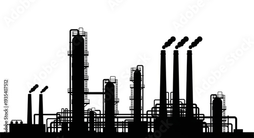 Silhouette of an industrial plant with smokestacks against a white background.