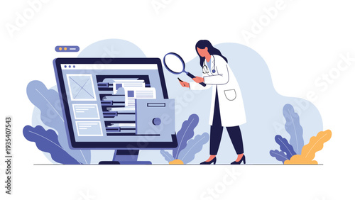 Female doctor using magnifying glass to search medical documents and health data on large computer monitor.