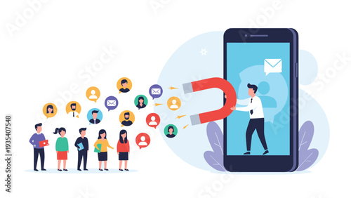 Business man using giant magnet from smartphone to attract potential customers and social media users online.