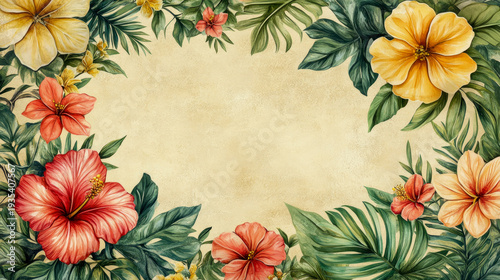 Vibrant watercolor border featuring lush green tropical leaves and assortment of colorful hibiscus flowers in shades of red, coral, orange, and yellow, set against textured parchment background for na