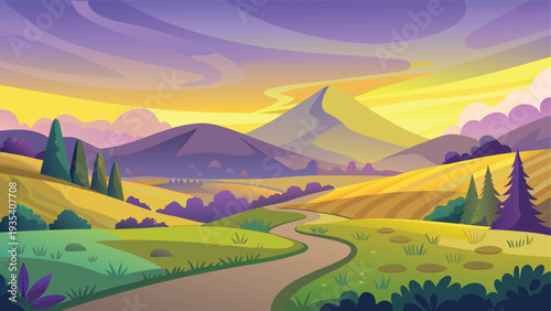 Serene dawn over rolling hills and misty mountains