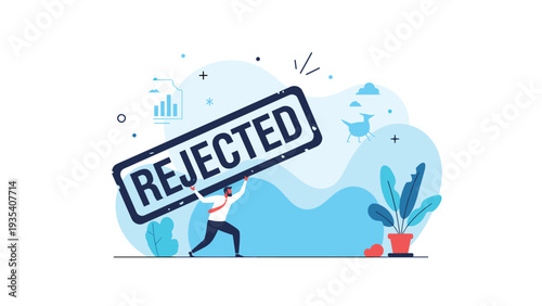 Stressed businessman struggling to push a giant rejected stamp symbolizing failure or denied application in professional life.