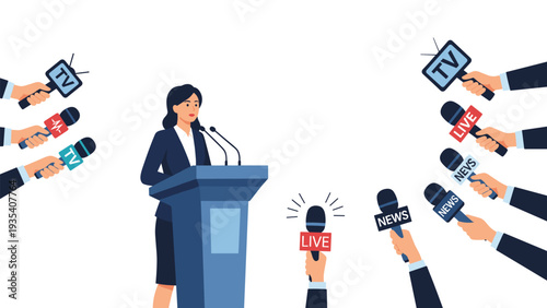 Confident female politician or business leader giving a press conference speech surrounded by numerous microphones from various media.