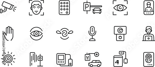 Security and surveillance line icons set CCTV camera face recognition biometric scan microphone smart access technology vector outline