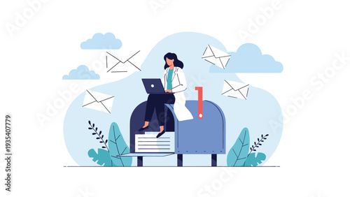 Freelancer or office worker managing email correspondence while sitting on a large traditional blue mailbox with flying envelopes.