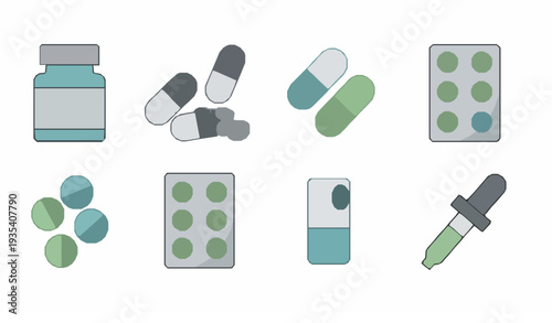Pharmacy medicine icon set with pill bottle, capsules, blister pack and dropper on white background