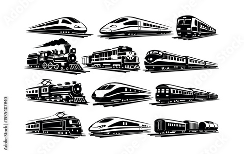 Various monochrome train silhouettes illustrating different eras of rail travel, from vintage steam engines to contemporary high-speed passenger trains