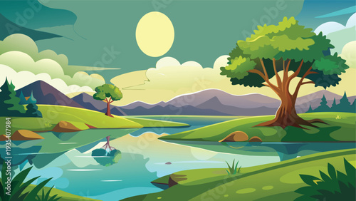 Serene lakeside scene under a bright morning sky with lush greenery