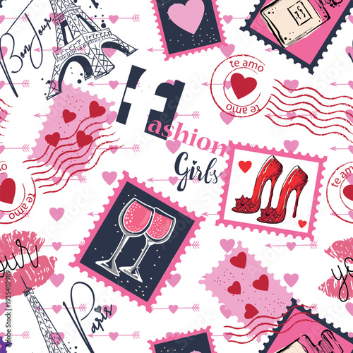 Fashion seamless pattern. Bonjour Paris. pattern with original calligraphic fonts, sketch Eiffel Tower and heart. for  fashion clothes, t shirt, child, wrapping paper. Creative girlish design  