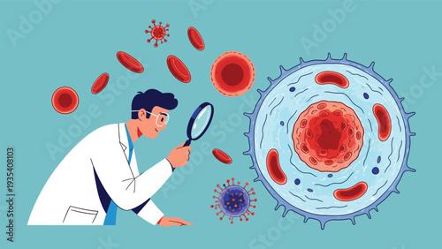 Medical scientist using a magnifying glass to inspect biological cells and viruses for vaccine development and healthcare research.
