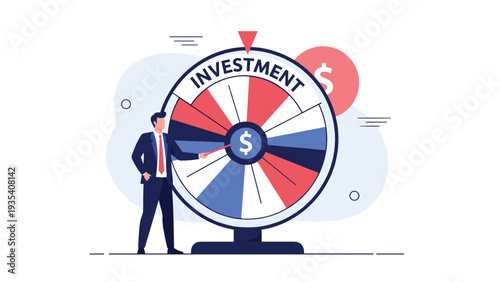 Investor taking a risk by pointing at a spinning wheel of fortune with various sectors and dollar symbol representing financial gambling.