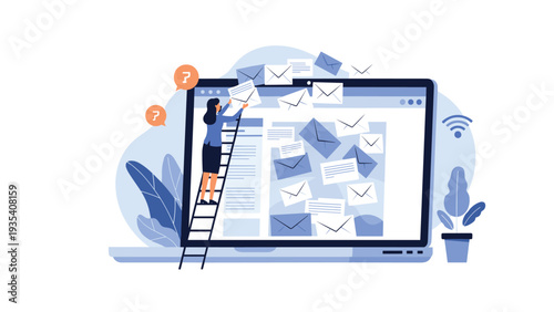 Marketing professional sorting through large quantities of email envelopes on a giant laptop screen to manage communications.