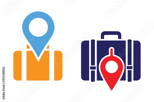 Location marker pin pointing to travel suitcase icon for journey planning