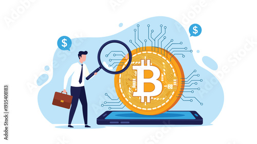 Financial analyst examining a giant Bitcoin coin with circuit patterns on a smartphone to analyze cryptocurrency market trends.