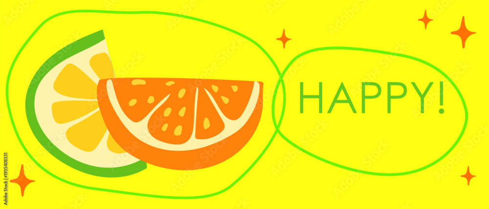 Naklejka premium Cartoon Fruit Retro Party Card. Positive Vibrant Nostalgic Event Invitation. Festive Colorful Summer Beach Vibe menu page Print. Fresh Ripe Healthy Vitamin Food Symbol. Cute Colorful Tropical Design