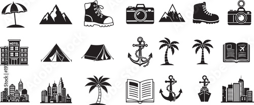 Collection of travel and vacation related icons isolated on transparent background