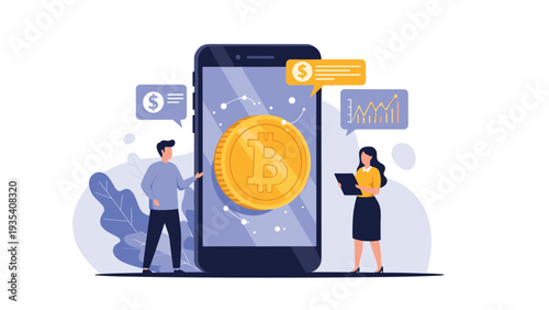 Cryptocurrency enthusiasts analyzing a large Bitcoin display on a mobile phone for digital asset management and trading insights.