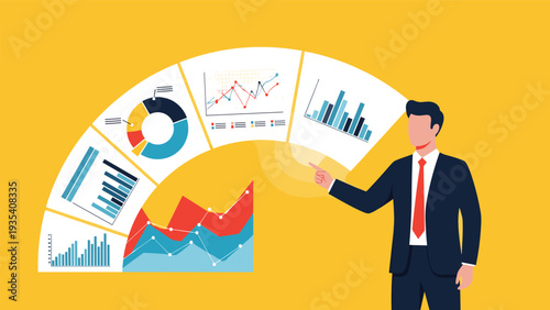 Expert financial analyst presenting a complex data dashboard with various charts and graphs for business performance review.
