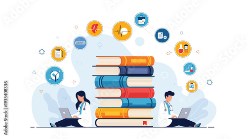 Healthcare workers analyzing medical data on laptops next to a huge stack of books surrounded by various medical and health icons.
