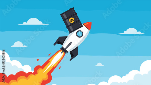 Soaring oil prices concept showing a powerful rocket taking off into the sky with a large black oil barrel attached as payload.