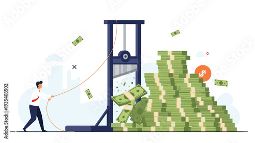 Radical economic reform or budget cutting concept showing a man operating a guillotine over a huge pile of money for savings.