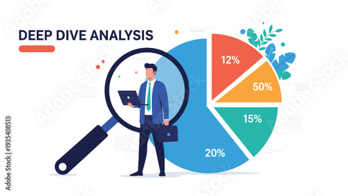 Deep dive data analysis concept showing a business professional inside a large magnifying glass examining a detailed pie chart.