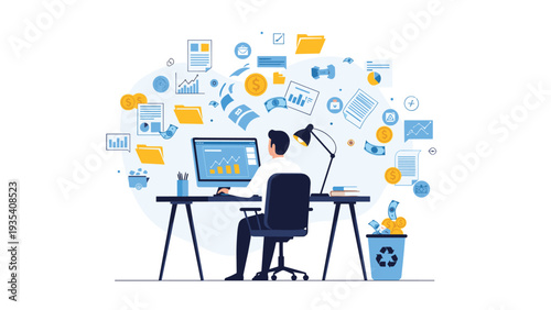 Overloaded office worker sitting at a desk surrounded by a chaotic cloud of digital documents files and financial icons.