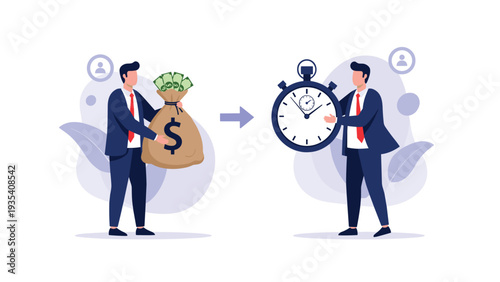 Time is money concept showing a business exchange where a bag of cash is traded for a large professional stopwatch for efficiency.