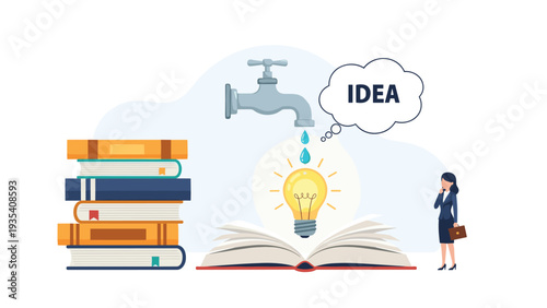 Knowledge flowing from books through a faucet to ignite a lightbulb as a businesswoman contemplates new creative ideas and strategies.