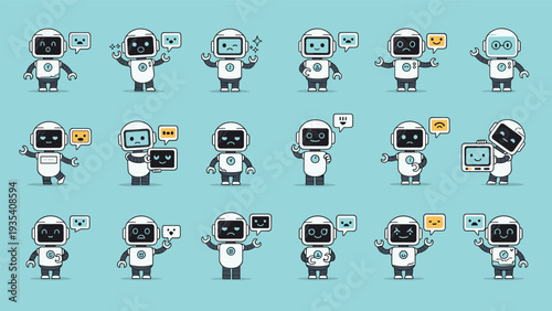 Set of cute white robots showcasing diverse facial expressions and digital emoticons for customer service and technology interfaces.