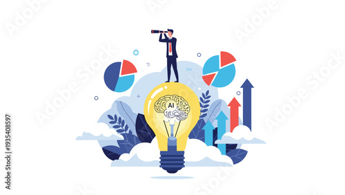 Forward thinking businessman standing on a large lightbulb using a telescope to analyze market trends and future growth projections.