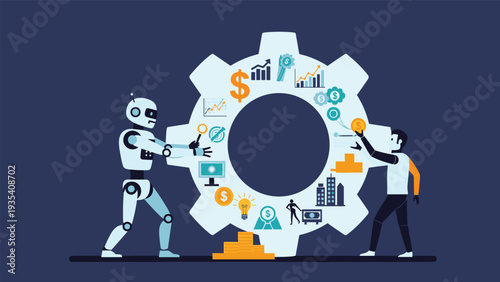 Human worker and a robot collaborating to manage a large mechanical gear filled with various financial and data analytic icons.