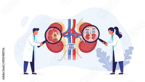 Pair of doctors using magnifying glasses to examine detailed diagrams of human kidneys for medical research and diagnostic analysis.