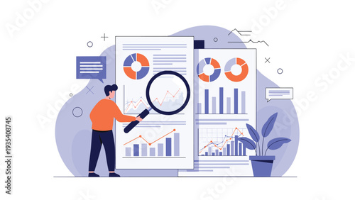 Business analyst using a large magnifying glass to scrutinize charts, graphs, and pie diagrams on printed data reports in an office.