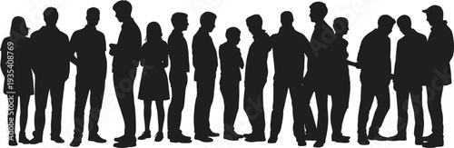 Silhouette Collection Of A Diverse Group Of People Standing Together In A Line vector illustration