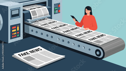 Young woman monitoring a large industrial printing press as it churns out stacks of newspapers headlined with fake news and media.