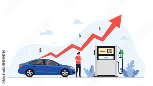 Concerned man standing at a gas pump with a large red arrow pointing upward symbolizing rising fuel prices and global inflation trends.
