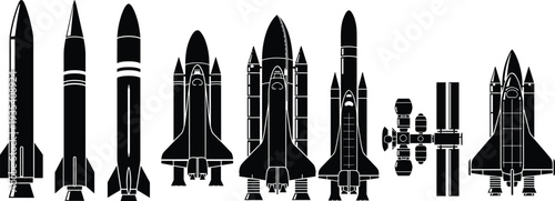 Space exploration silhouettes, rockets illustration, space shuttle design, futuristic spacecraft vector, orbital station artwork, astronaut technology icon, cosmic travel symbol