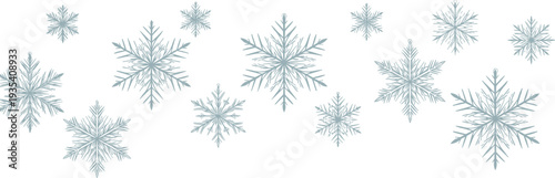 Set of intricate blue snowflake illustrations with various patterns and geometric designs isolated on white background for winter holiday season