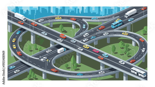 Aerial isometric perspective of a cloverleaf highway interchange showing various colorful vehicles moving through curved ramps and bridges.